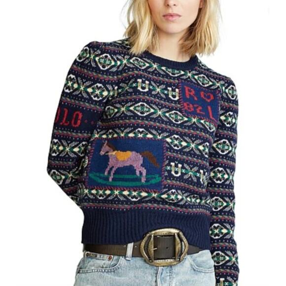 RARE HTF SOLD OUT Polo Ralph Lauren Cashmere Fair Isle Puff Sleeve Sweater sz L - Picture 1 of 16